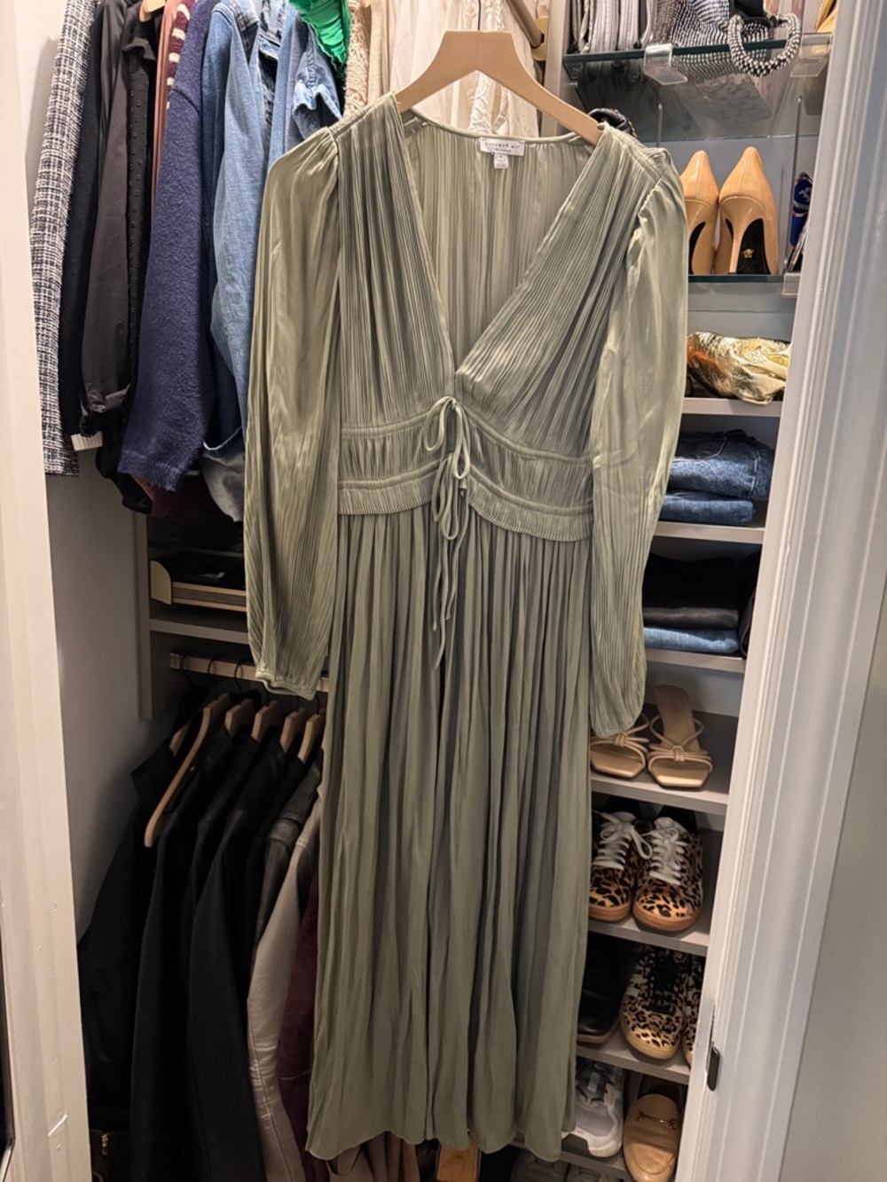 NEW! Current Air - Pleated Sage Green Long Sleeve Midi Dress - S
